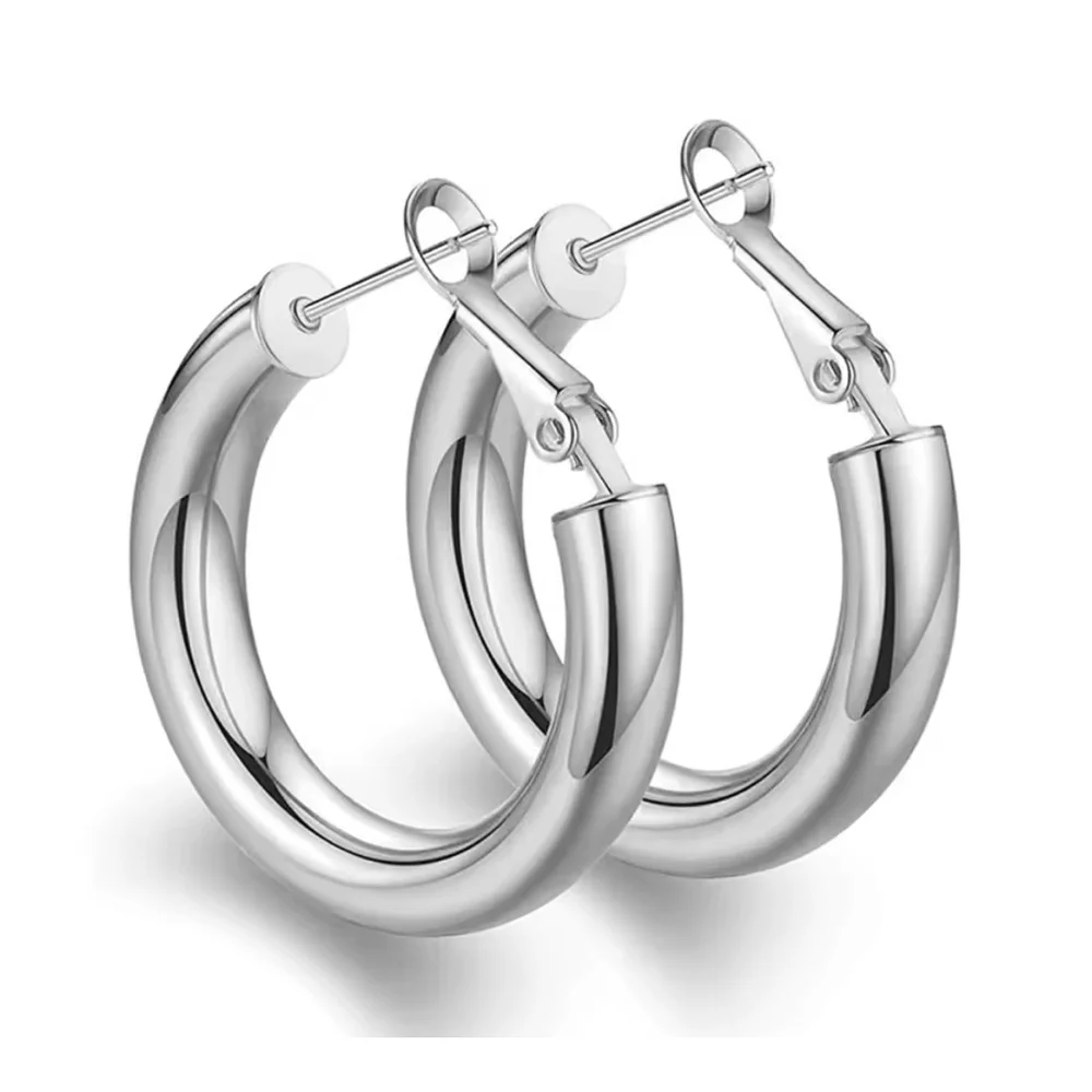 NEW Large Chunky Tubular Hoop Earrings |‎ White Gold Filled